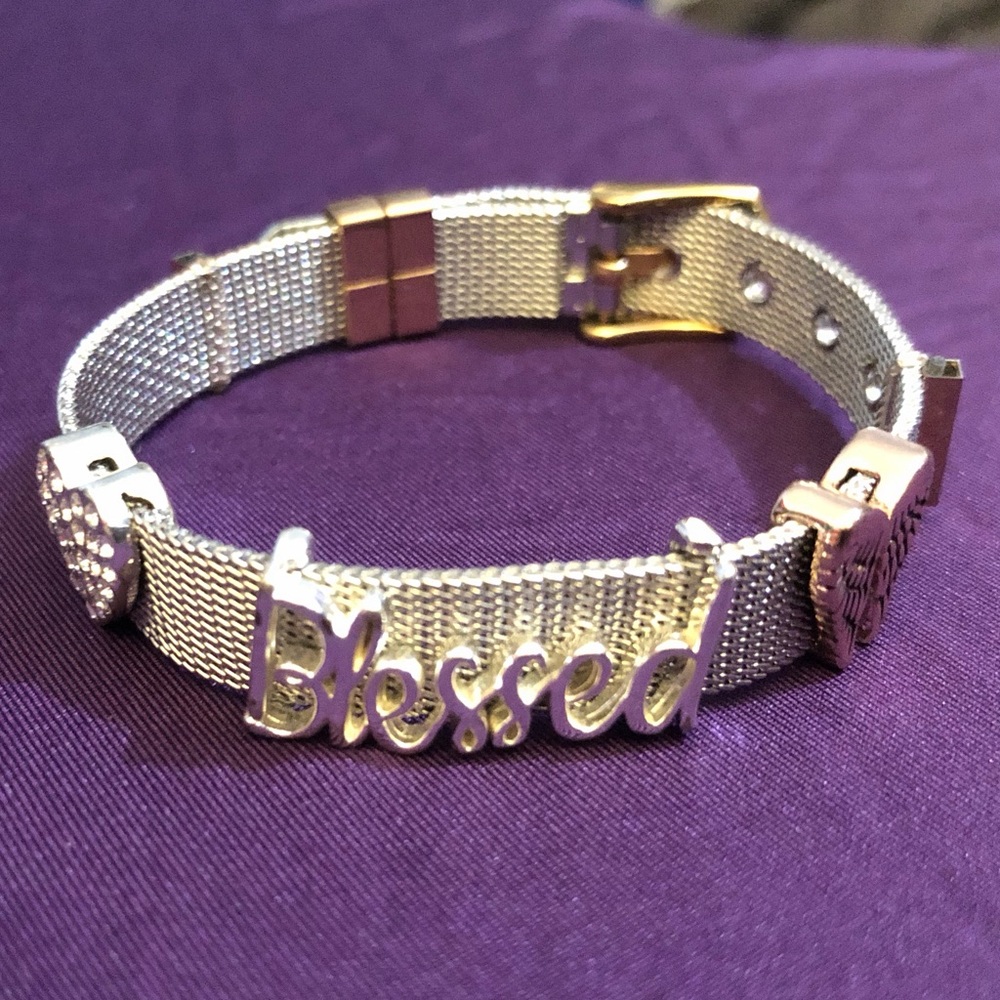 LACN Blessed Heart Rhinestone Mesh Chain Bangle Bracelet